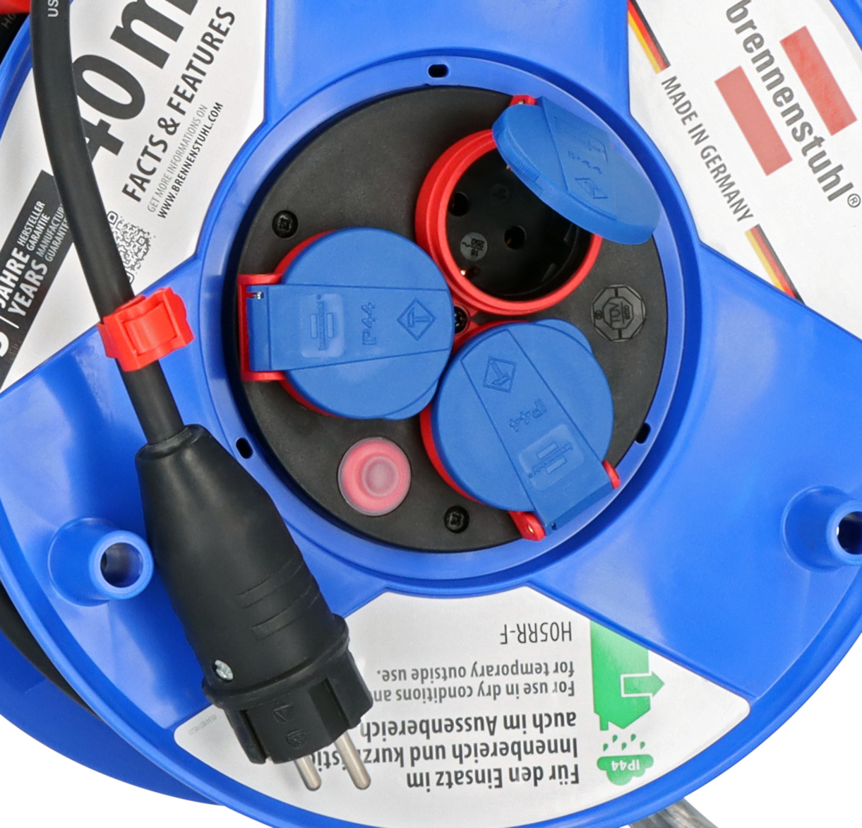KOOP Elektro H05RR-F rubberen kabelhaspel, waterdichte verlengkabel met 4 stopcontacten, Schuko IP44, sterk en robuust, voor buiten H05RR-F 3G1,5 mm2 50 m