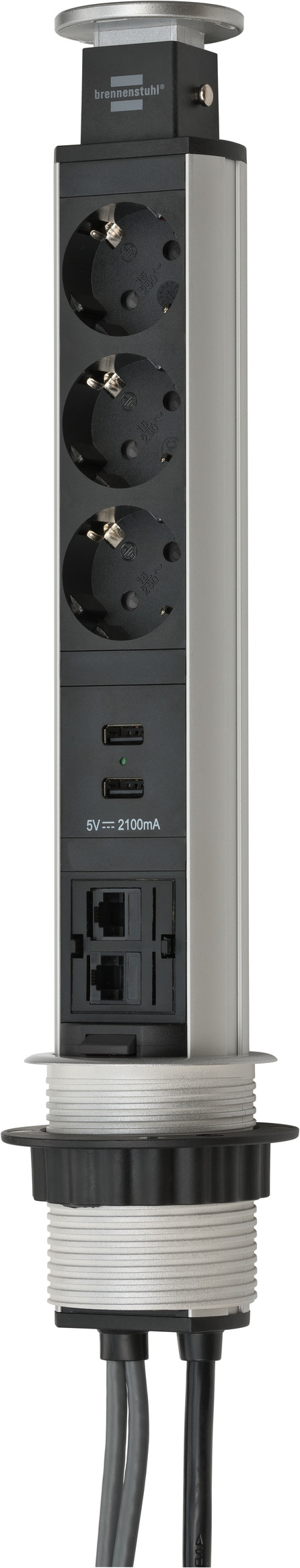 Bitterheid renderen Ewell Tower Power USB-oplader en LAN tafelstopcontact 3-voudig 2xLAN-RJ45, 2xUSB,  2m H05VV-F 3G1,5 zilver/zwart | brennenstuhl®