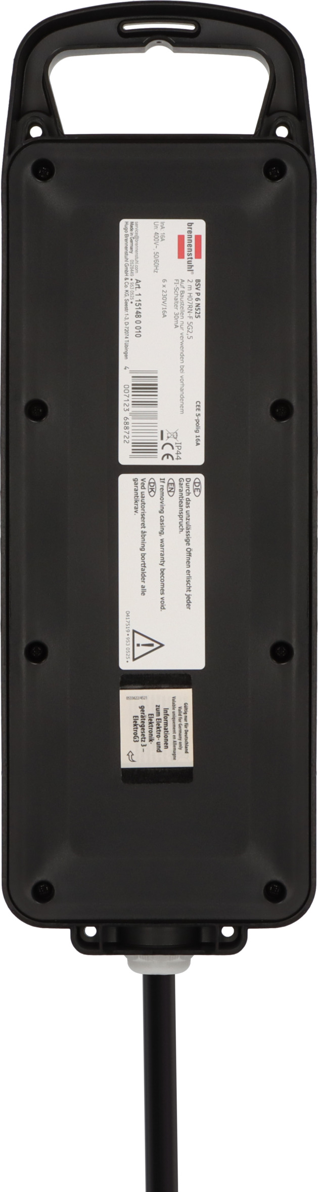 Brennenstuhl Portable power distributor BSV P CEE 230V/16A, Made in Austria, 1151495423, CEE plug, 6x CEE plug, wall mounted, 2 m cable, IP44 Brennenstuhl Portable power distributor BSV P CEE 230V/16A, Made in Austria, 1151495423, CEE plug, 6x CEE plug, wall mounted, 2 m cable, IP44